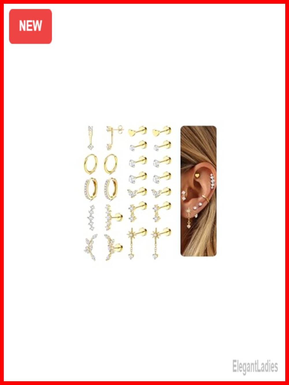 Hypoallergenic 14K Gold Plated Flat Back Earrings Set Surgical Steel Cartilage